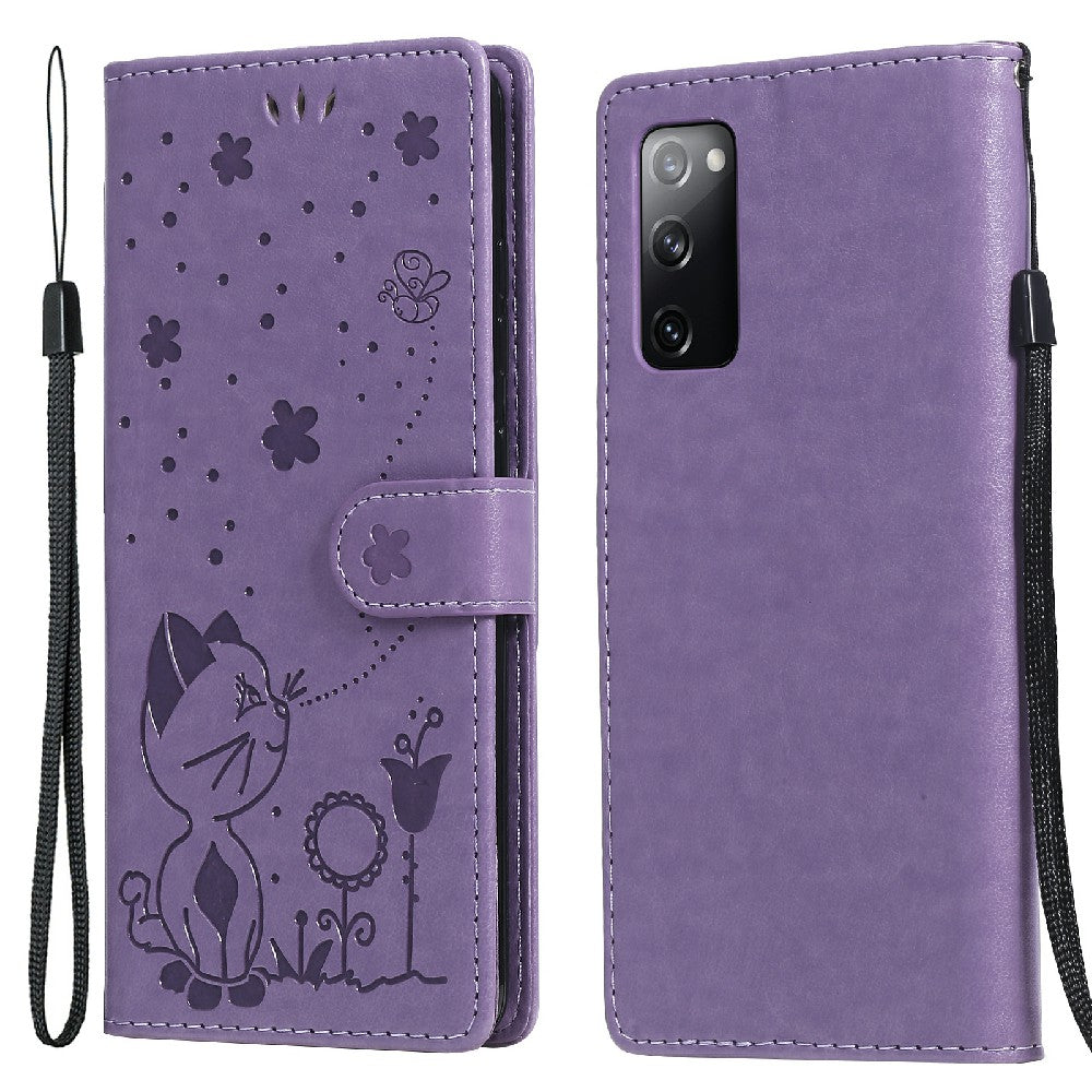 Fully-Wrapped KT Imprinting Flower Series-4 Cat and Bee Pattern Imprinting Leather Wallet Stand Case with Strap for Samsung Galaxy S20 FE 2022/S20 FE 4G/S20 FE 5G/S20 Lite - Purple