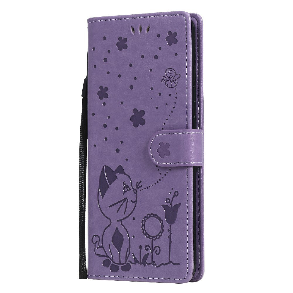 Fully-Wrapped KT Imprinting Flower Series-4 Cat and Bee Pattern Imprinting Leather Wallet Stand Case with Strap for Samsung Galaxy S20 FE 2022/S20 FE 4G/S20 FE 5G/S20 Lite - Purple