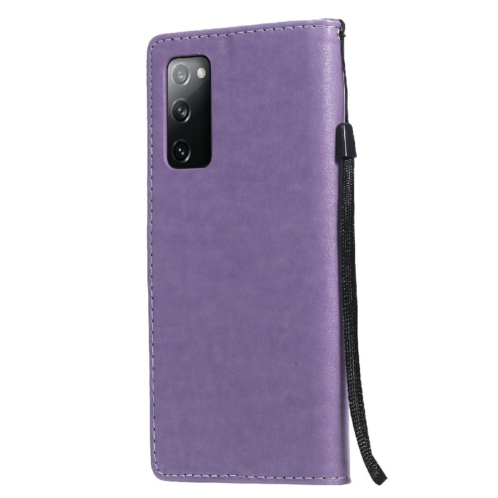 Fully-Wrapped KT Imprinting Flower Series-4 Cat and Bee Pattern Imprinting Leather Wallet Stand Case with Strap for Samsung Galaxy S20 FE 2022/S20 FE 4G/S20 FE 5G/S20 Lite - Purple