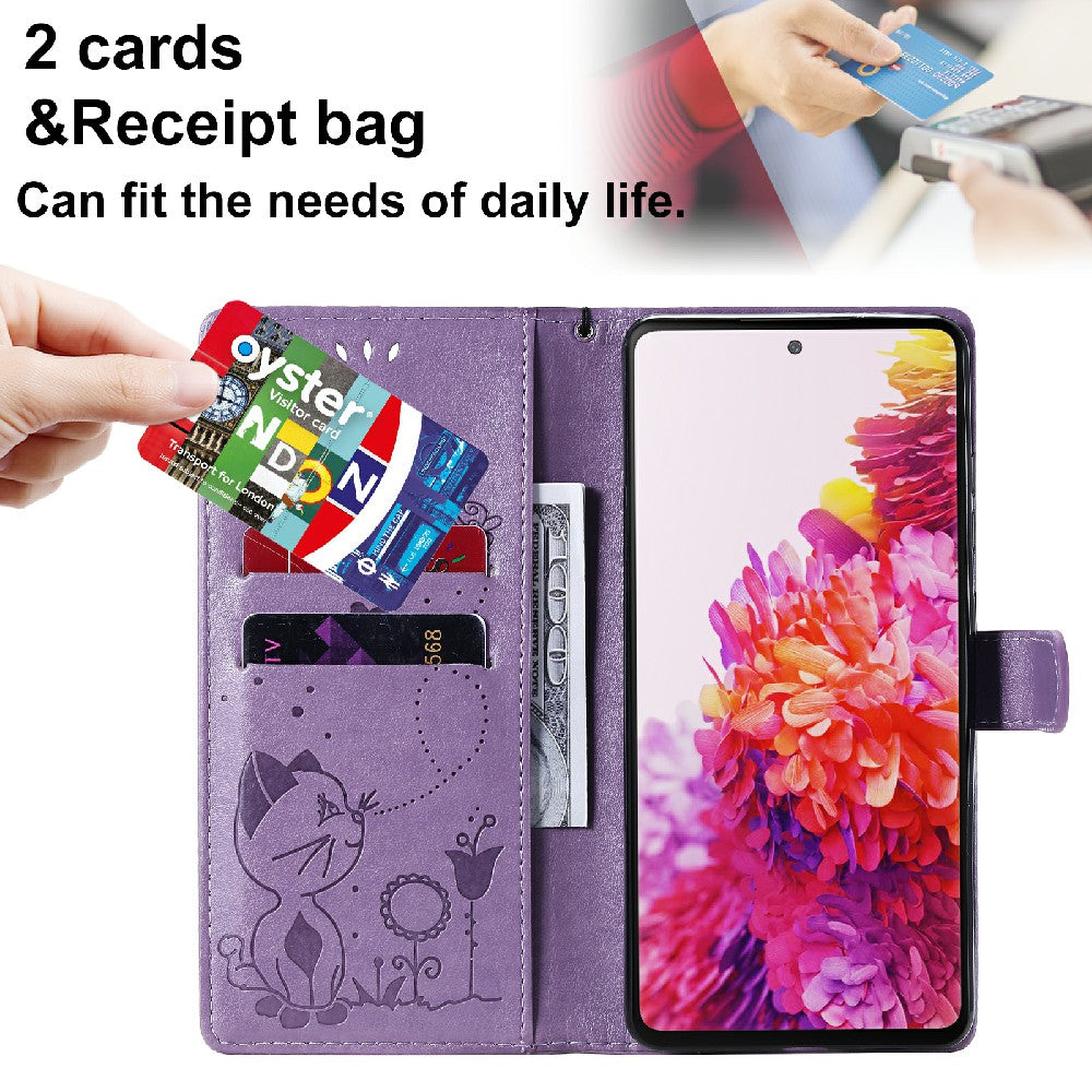 Fully-Wrapped KT Imprinting Flower Series-4 Cat and Bee Pattern Imprinting Leather Wallet Stand Case with Strap for Samsung Galaxy S20 FE 2022/S20 FE 4G/S20 FE 5G/S20 Lite - Purple