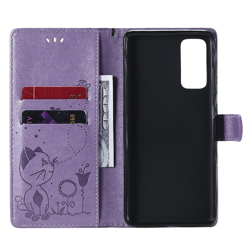 Fully-Wrapped KT Imprinting Flower Series-4 Cat and Bee Pattern Imprinting Leather Wallet Stand Case with Strap for Samsung Galaxy S20 FE 2022/S20 FE 4G/S20 FE 5G/S20 Lite - Purple