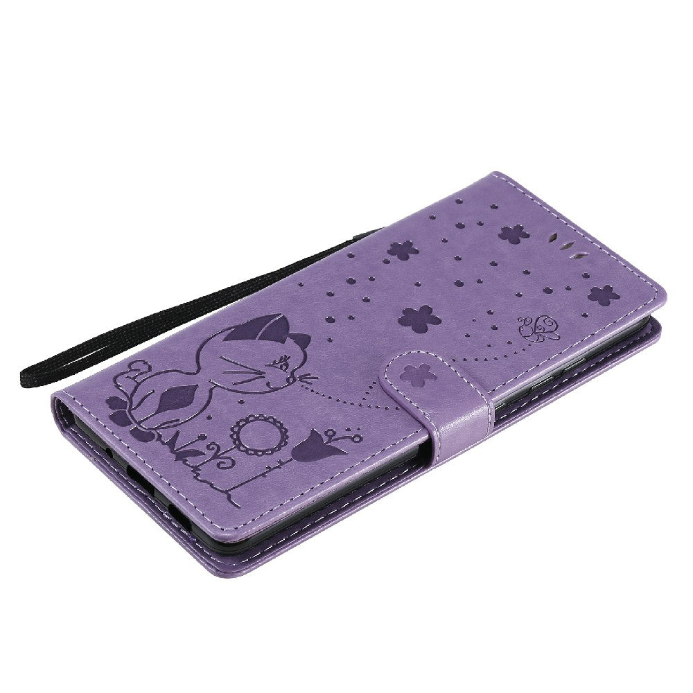 Fully-Wrapped KT Imprinting Flower Series-4 Cat and Bee Pattern Imprinting Leather Wallet Stand Case with Strap for Samsung Galaxy S20 FE 2022/S20 FE 4G/S20 FE 5G/S20 Lite - Purple