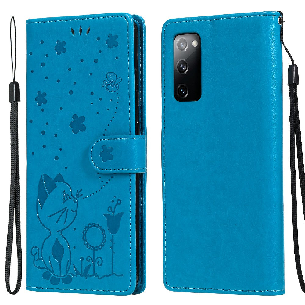 Fully-Wrapped KT Imprinting Flower Series-4 Cat and Bee Pattern Imprinting Leather Wallet Stand Case with Strap for Samsung Galaxy S20 FE 2022/S20 FE 4G/S20 FE 5G/S20 Lite - Blue