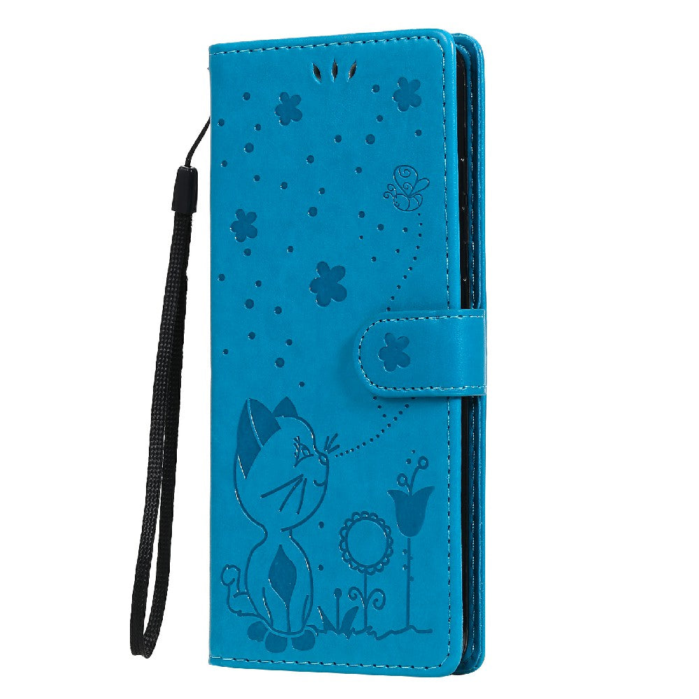 Fully-Wrapped KT Imprinting Flower Series-4 Cat and Bee Pattern Imprinting Leather Wallet Stand Case with Strap for Samsung Galaxy S20 FE 2022/S20 FE 4G/S20 FE 5G/S20 Lite - Blue