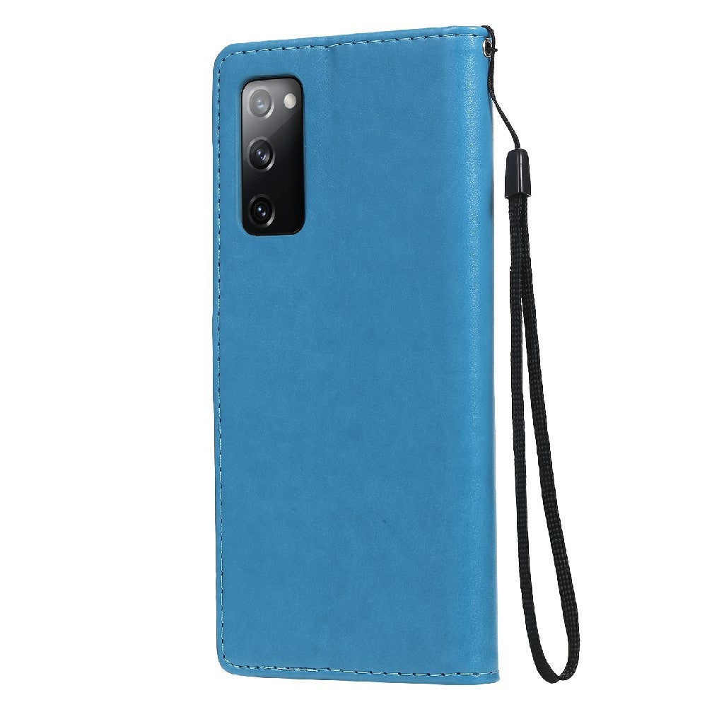 Fully-Wrapped KT Imprinting Flower Series-4 Cat and Bee Pattern Imprinting Leather Wallet Stand Case with Strap for Samsung Galaxy S20 FE 2022/S20 FE 4G/S20 FE 5G/S20 Lite - Blue