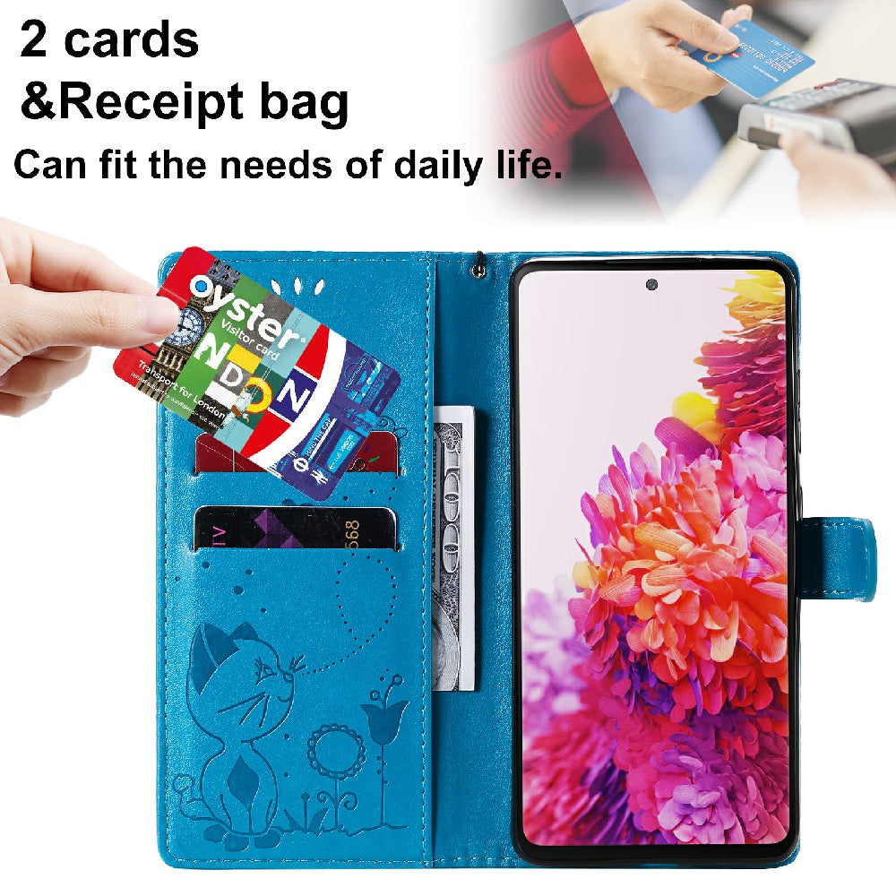 Fully-Wrapped KT Imprinting Flower Series-4 Cat and Bee Pattern Imprinting Leather Wallet Stand Case with Strap for Samsung Galaxy S20 FE 2022/S20 FE 4G/S20 FE 5G/S20 Lite - Blue