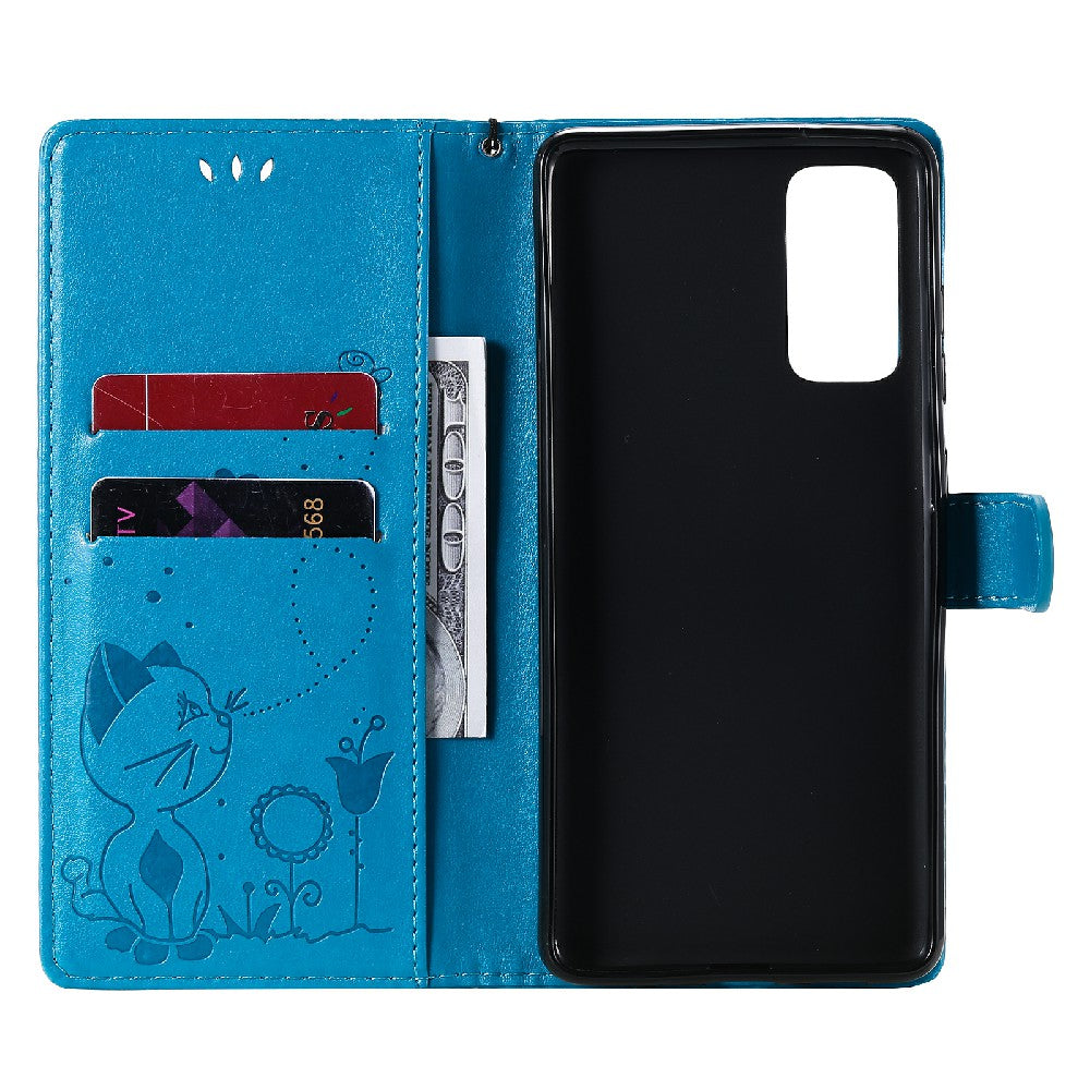 Fully-Wrapped KT Imprinting Flower Series-4 Cat and Bee Pattern Imprinting Leather Wallet Stand Case with Strap for Samsung Galaxy S20 FE 2022/S20 FE 4G/S20 FE 5G/S20 Lite - Blue