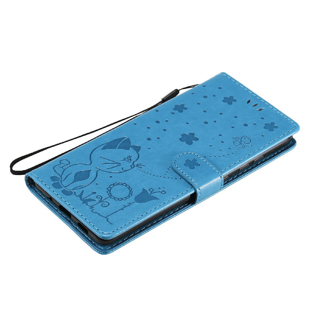 Fully-Wrapped KT Imprinting Flower Series-4 Cat and Bee Pattern Imprinting Leather Wallet Stand Case with Strap for Samsung Galaxy S20 FE 2022/S20 FE 4G/S20 FE 5G/S20 Lite - Blue