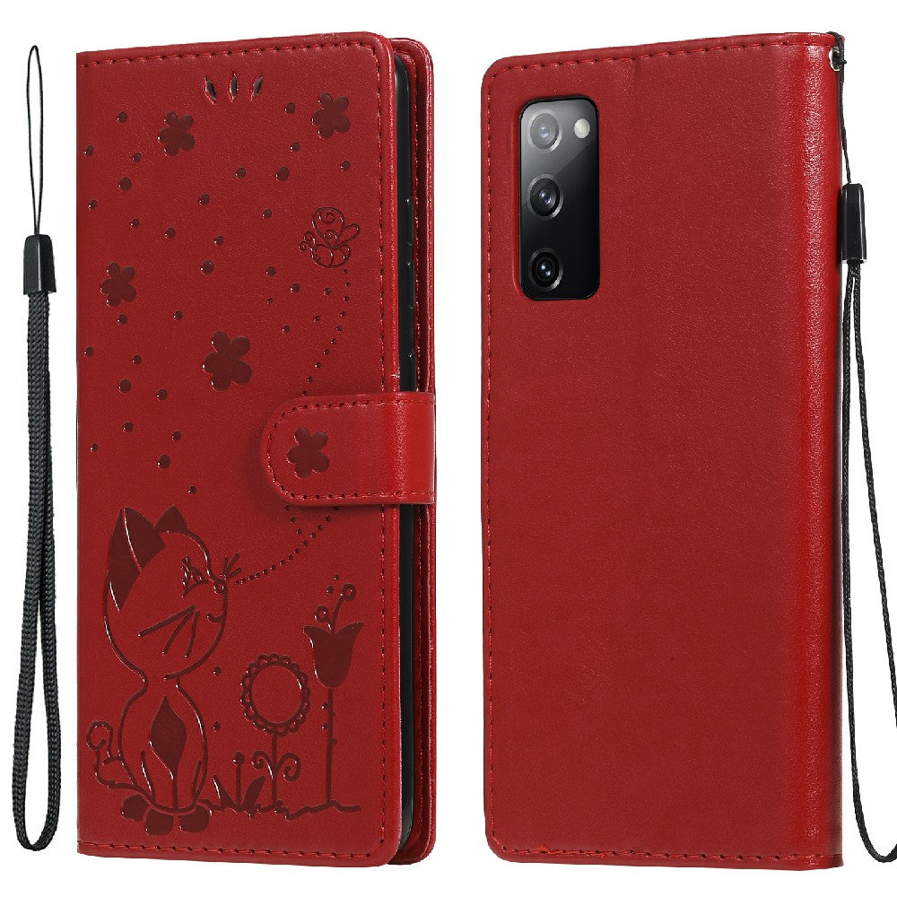 Fully-Wrapped KT Imprinting Flower Series-4 Cat and Bee Pattern Imprinting Leather Wallet Stand Case with Strap for Samsung Galaxy S20 FE 2022/S20 FE 4G/S20 FE 5G/S20 Lite - Red