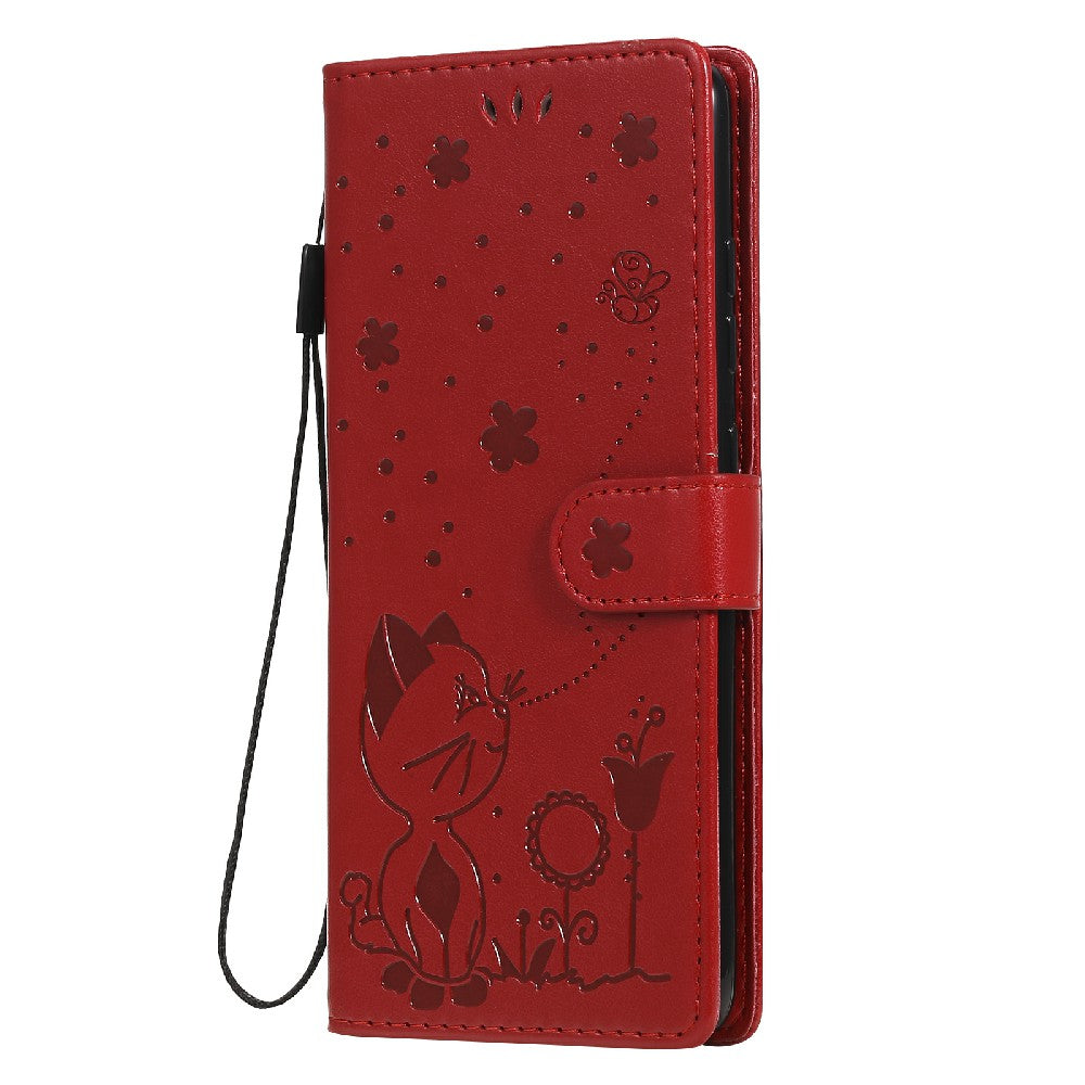 Fully-Wrapped KT Imprinting Flower Series-4 Cat and Bee Pattern Imprinting Leather Wallet Stand Case with Strap for Samsung Galaxy S20 FE 2022/S20 FE 4G/S20 FE 5G/S20 Lite - Red