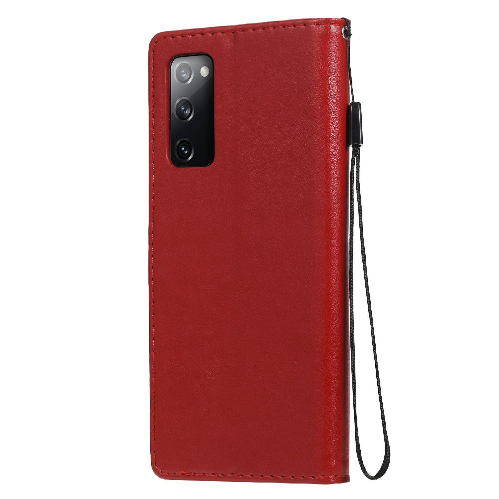 Fully-Wrapped KT Imprinting Flower Series-4 Cat and Bee Pattern Imprinting Leather Wallet Stand Case with Strap for Samsung Galaxy S20 FE 2022/S20 FE 4G/S20 FE 5G/S20 Lite - Red