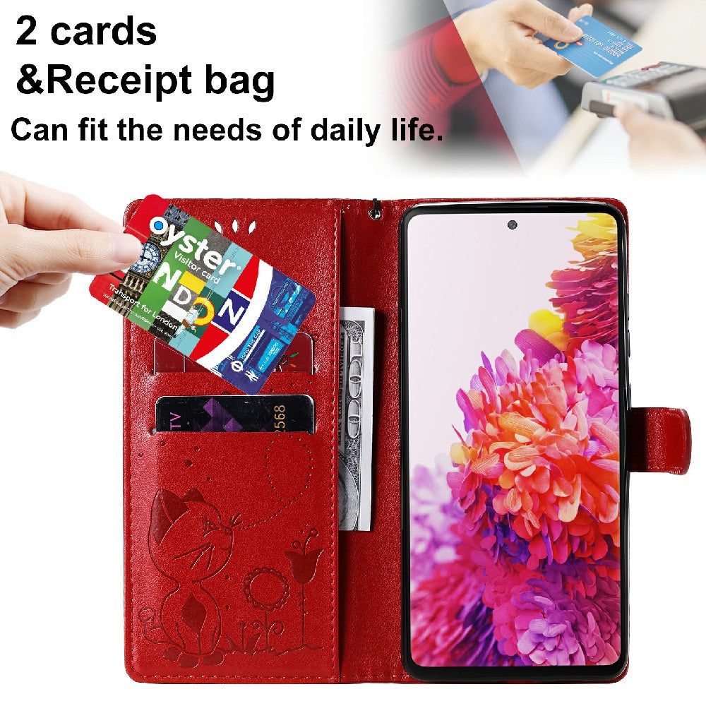 Fully-Wrapped KT Imprinting Flower Series-4 Cat and Bee Pattern Imprinting Leather Wallet Stand Case with Strap for Samsung Galaxy S20 FE 2022/S20 FE 4G/S20 FE 5G/S20 Lite - Red