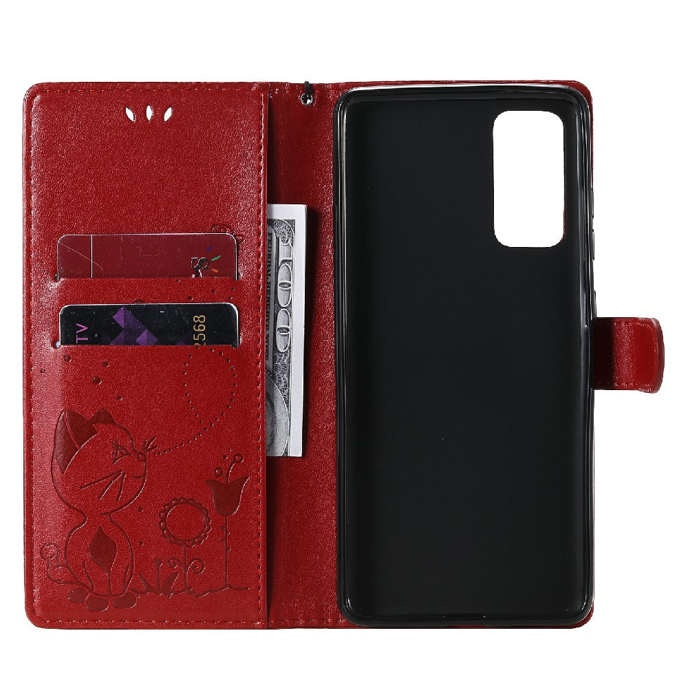 Fully-Wrapped KT Imprinting Flower Series-4 Cat and Bee Pattern Imprinting Leather Wallet Stand Case with Strap for Samsung Galaxy S20 FE 2022/S20 FE 4G/S20 FE 5G/S20 Lite - Red