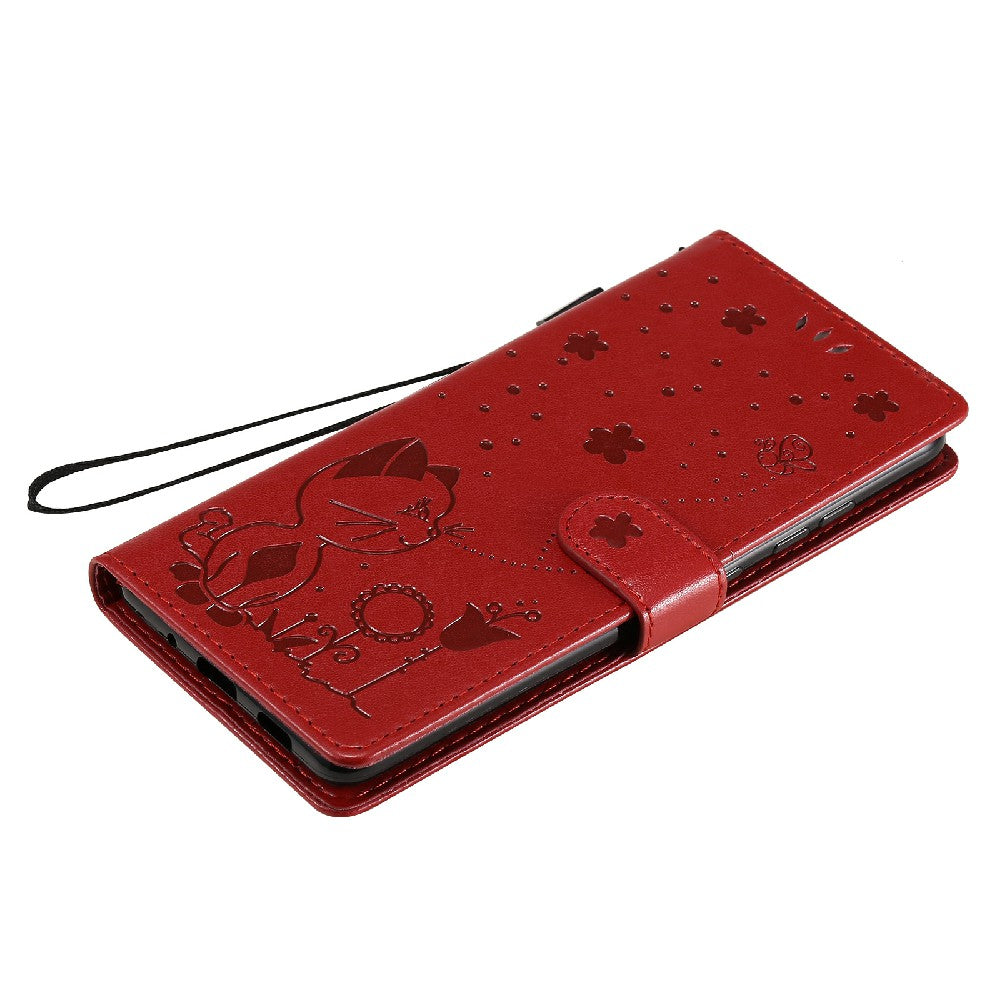 Fully-Wrapped KT Imprinting Flower Series-4 Cat and Bee Pattern Imprinting Leather Wallet Stand Case with Strap for Samsung Galaxy S20 FE 2022/S20 FE 4G/S20 FE 5G/S20 Lite - Red