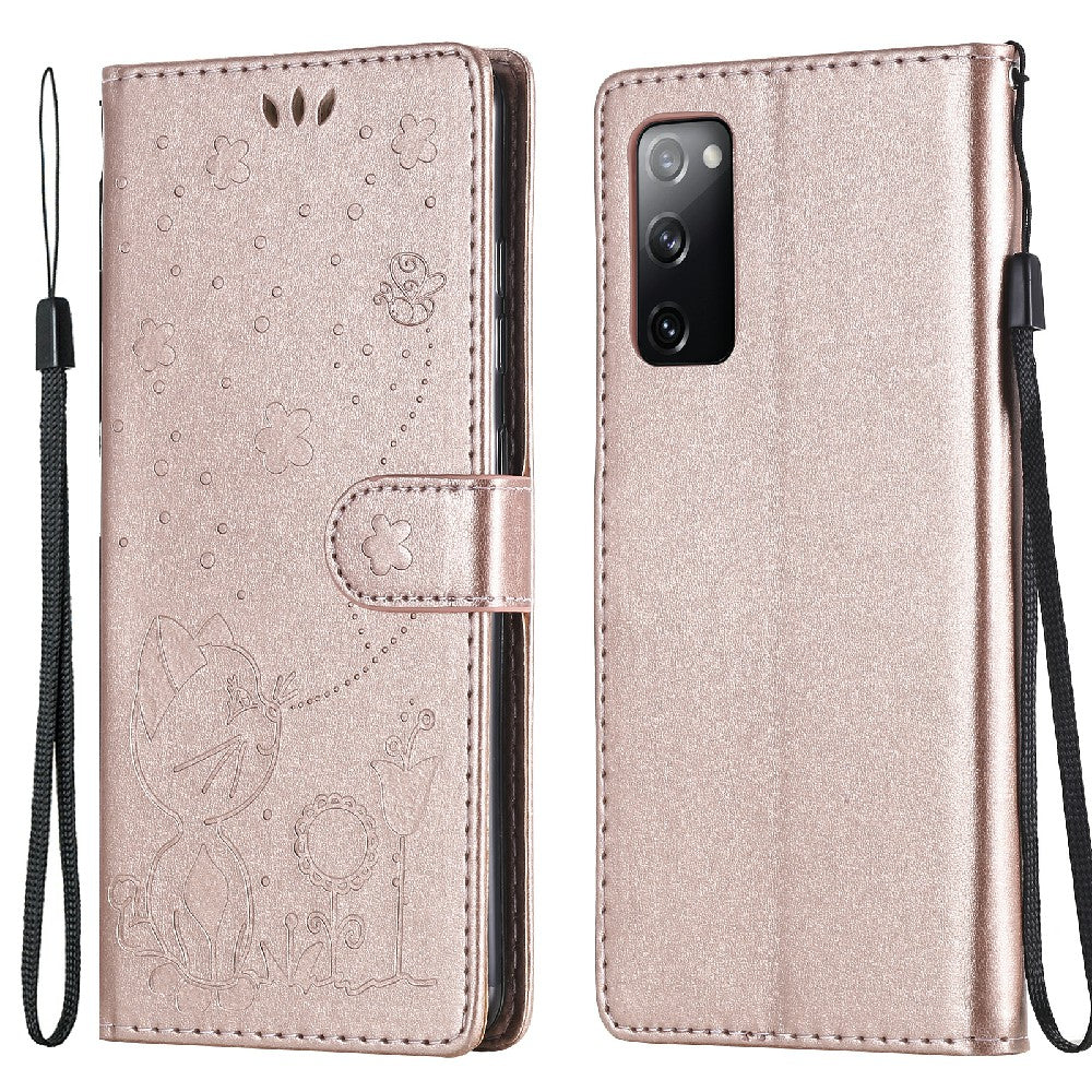 Fully-Wrapped KT Imprinting Flower Series-4 Cat and Bee Pattern Imprinting Leather Wallet Stand Case with Strap for Samsung Galaxy S20 FE 2022/S20 FE 4G/S20 FE 5G/S20 Lite - Rose Gold