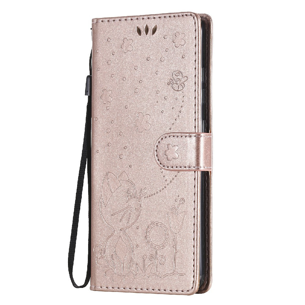 Fully-Wrapped KT Imprinting Flower Series-4 Cat and Bee Pattern Imprinting Leather Wallet Stand Case with Strap for Samsung Galaxy S20 FE 2022/S20 FE 4G/S20 FE 5G/S20 Lite - Rose Gold