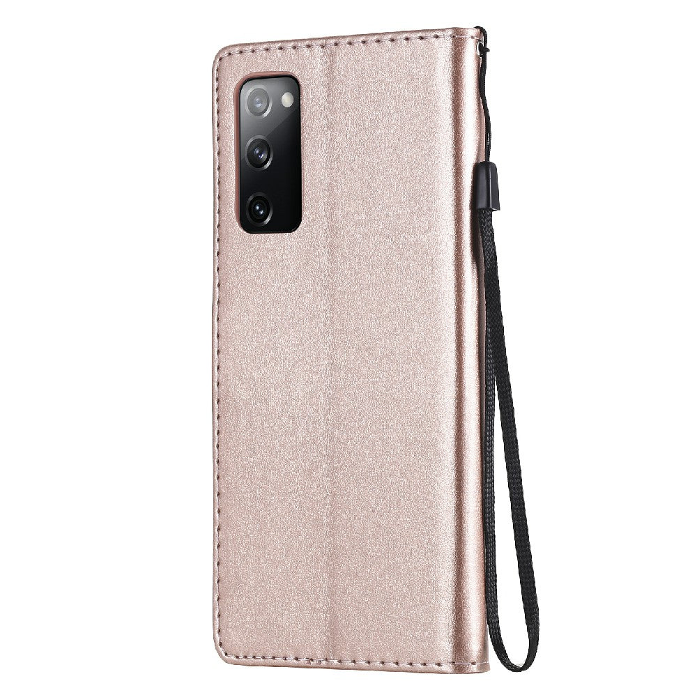 Fully-Wrapped KT Imprinting Flower Series-4 Cat and Bee Pattern Imprinting Leather Wallet Stand Case with Strap for Samsung Galaxy S20 FE 2022/S20 FE 4G/S20 FE 5G/S20 Lite - Rose Gold