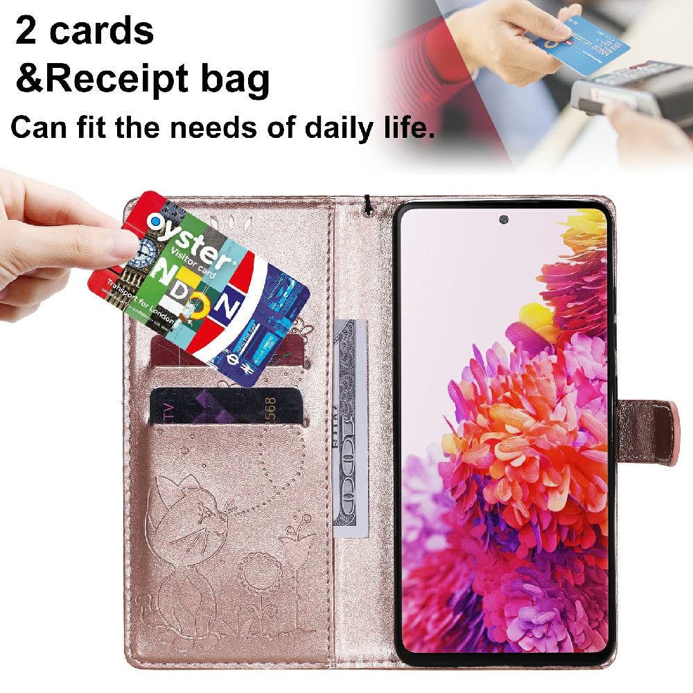 Fully-Wrapped KT Imprinting Flower Series-4 Cat and Bee Pattern Imprinting Leather Wallet Stand Case with Strap for Samsung Galaxy S20 FE 2022/S20 FE 4G/S20 FE 5G/S20 Lite - Rose Gold