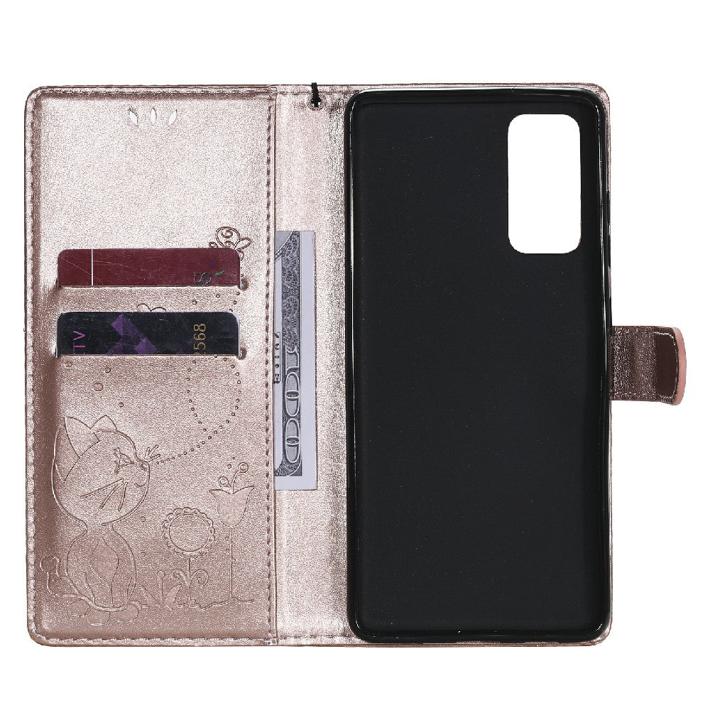 Fully-Wrapped KT Imprinting Flower Series-4 Cat and Bee Pattern Imprinting Leather Wallet Stand Case with Strap for Samsung Galaxy S20 FE 2022/S20 FE 4G/S20 FE 5G/S20 Lite - Rose Gold