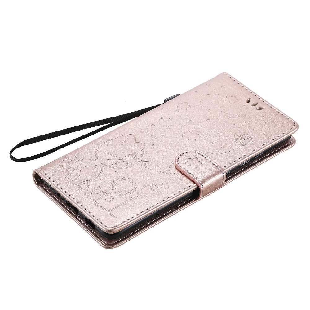 Fully-Wrapped KT Imprinting Flower Series-4 Cat and Bee Pattern Imprinting Leather Wallet Stand Case with Strap for Samsung Galaxy S20 FE 2022/S20 FE 4G/S20 FE 5G/S20 Lite - Rose Gold