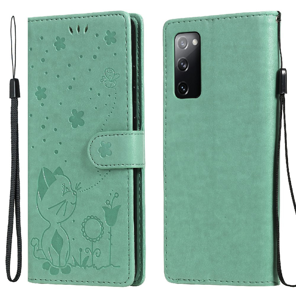 Fully-Wrapped KT Imprinting Flower Series-4 Cat and Bee Pattern Imprinting Leather Wallet Stand Case with Strap for Samsung Galaxy S20 FE 2022/S20 FE 4G/S20 FE 5G/S20 Lite - Green