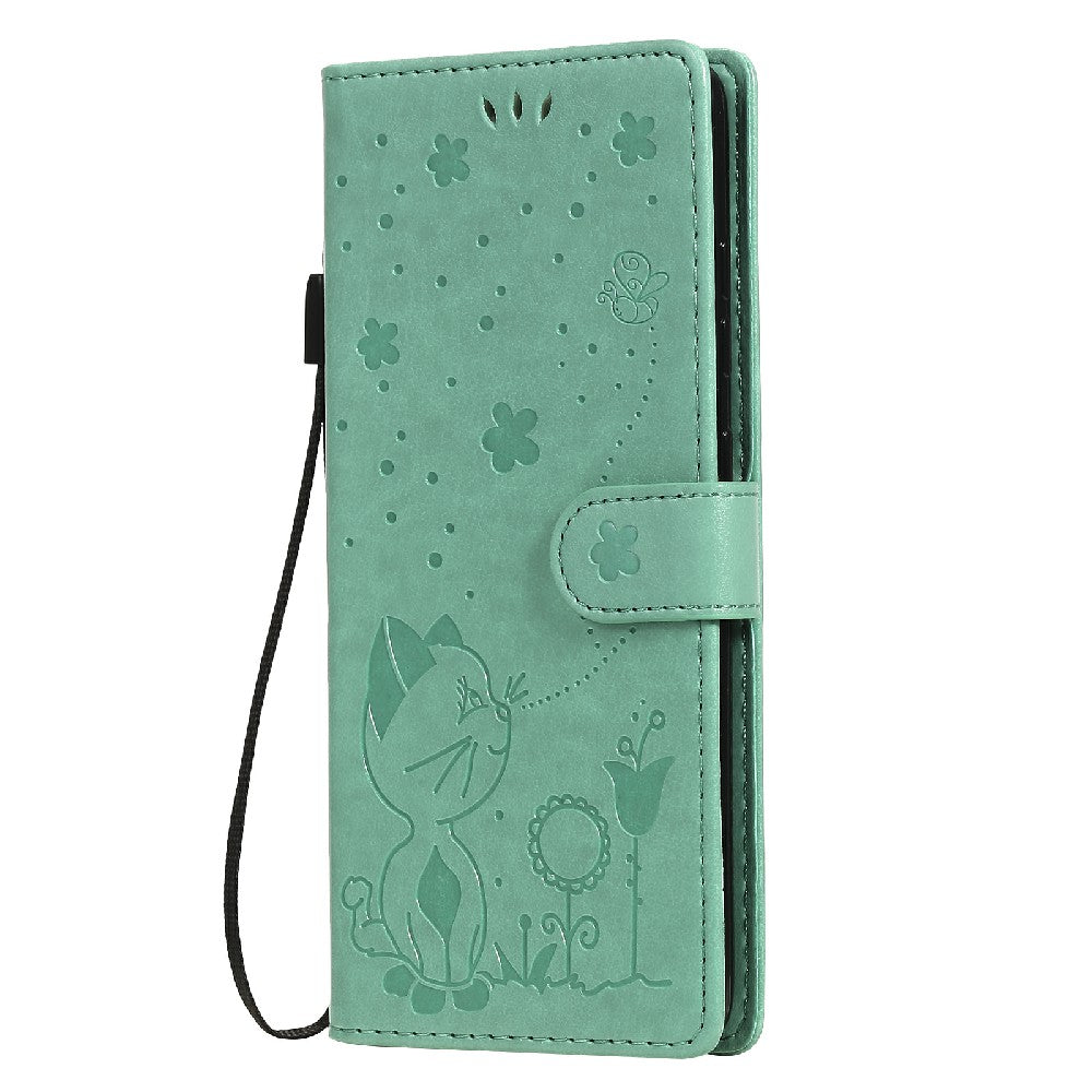 Fully-Wrapped KT Imprinting Flower Series-4 Cat and Bee Pattern Imprinting Leather Wallet Stand Case with Strap for Samsung Galaxy S20 FE 2022/S20 FE 4G/S20 FE 5G/S20 Lite - Green