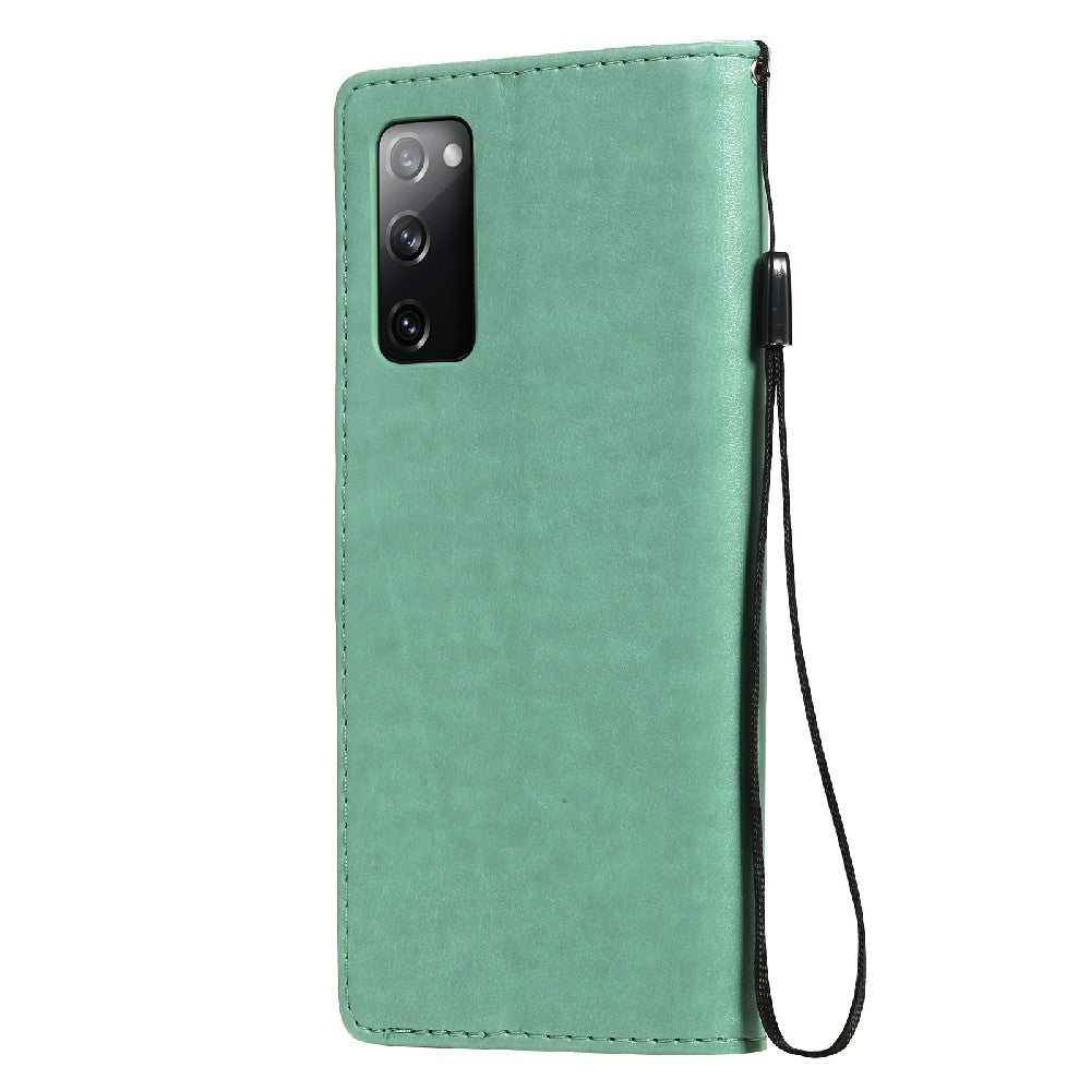 Fully-Wrapped KT Imprinting Flower Series-4 Cat and Bee Pattern Imprinting Leather Wallet Stand Case with Strap for Samsung Galaxy S20 FE 2022/S20 FE 4G/S20 FE 5G/S20 Lite - Green