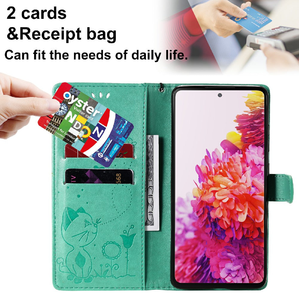 Fully-Wrapped KT Imprinting Flower Series-4 Cat and Bee Pattern Imprinting Leather Wallet Stand Case with Strap for Samsung Galaxy S20 FE 2022/S20 FE 4G/S20 FE 5G/S20 Lite - Green