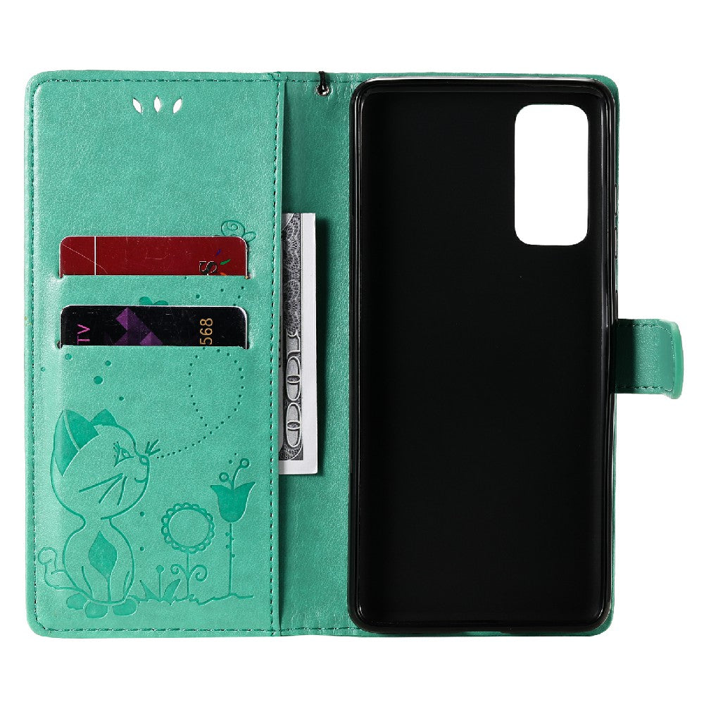 Fully-Wrapped KT Imprinting Flower Series-4 Cat and Bee Pattern Imprinting Leather Wallet Stand Case with Strap for Samsung Galaxy S20 FE 2022/S20 FE 4G/S20 FE 5G/S20 Lite - Green