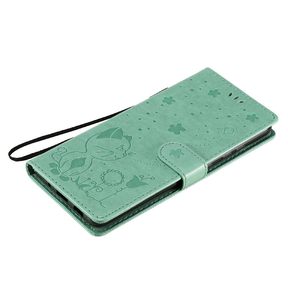 Fully-Wrapped KT Imprinting Flower Series-4 Cat and Bee Pattern Imprinting Leather Wallet Stand Case with Strap for Samsung Galaxy S20 FE 2022/S20 FE 4G/S20 FE 5G/S20 Lite - Green