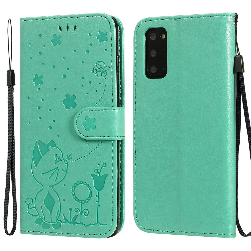 KT Imprinting Flower Series-4 Cat and Bee Pattern Imprinted Protective Cover with Stand Leather Wallet Case for Samsung Galaxy S20 4G/S20 5G - Green