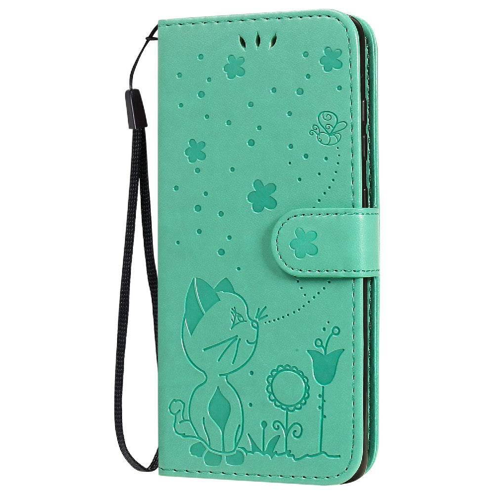 KT Imprinting Flower Series-4 Cat and Bee Pattern Imprinted Protective Cover with Stand Leather Wallet Case for Samsung Galaxy S20 4G/S20 5G - Green