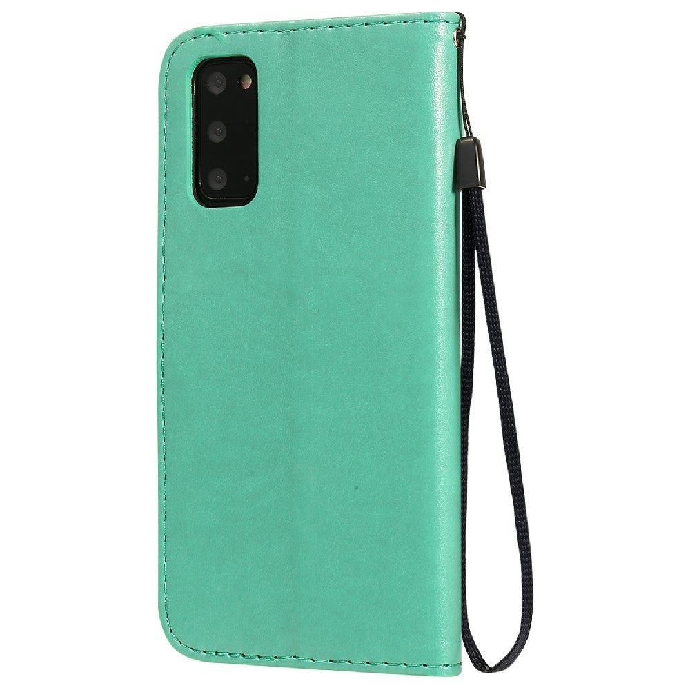 KT Imprinting Flower Series-4 Cat and Bee Pattern Imprinted Protective Cover with Stand Leather Wallet Case for Samsung Galaxy S20 4G/S20 5G - Green