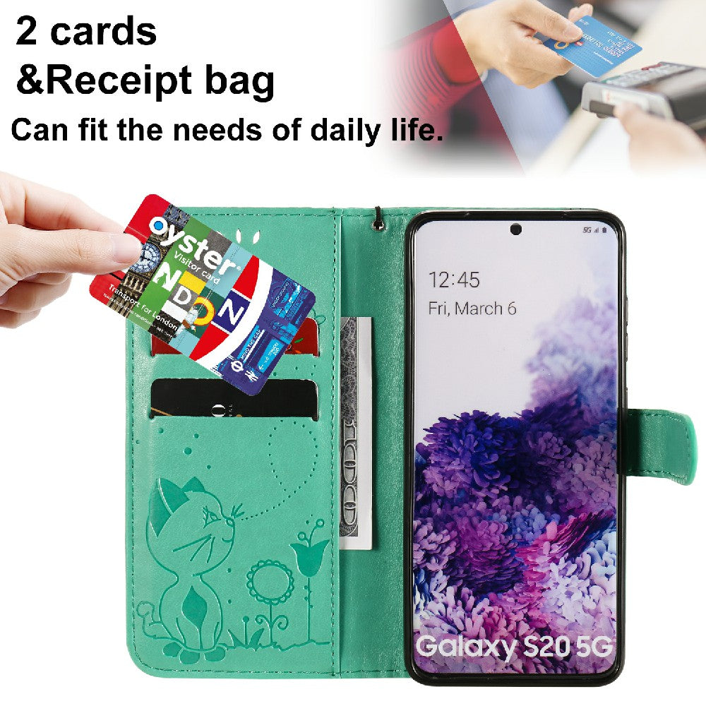 KT Imprinting Flower Series-4 Cat and Bee Pattern Imprinted Protective Cover with Stand Leather Wallet Case for Samsung Galaxy S20 4G/S20 5G - Green