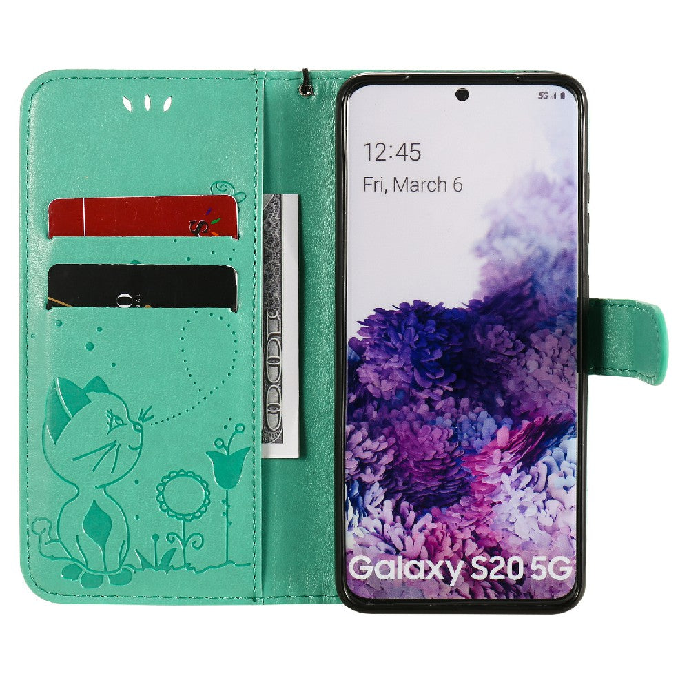 KT Imprinting Flower Series-4 Cat and Bee Pattern Imprinted Protective Cover with Stand Leather Wallet Case for Samsung Galaxy S20 4G/S20 5G - Green