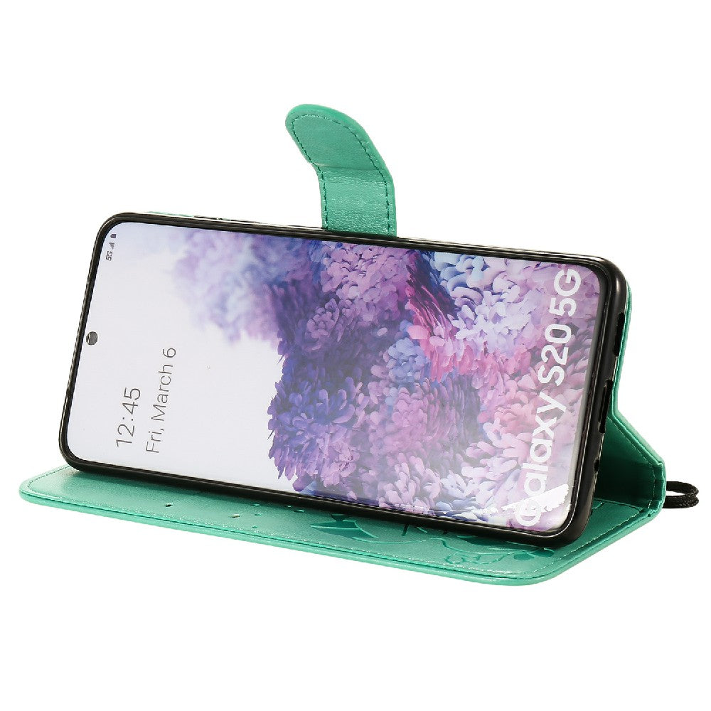 KT Imprinting Flower Series-4 Cat and Bee Pattern Imprinted Protective Cover with Stand Leather Wallet Case for Samsung Galaxy S20 4G/S20 5G - Green