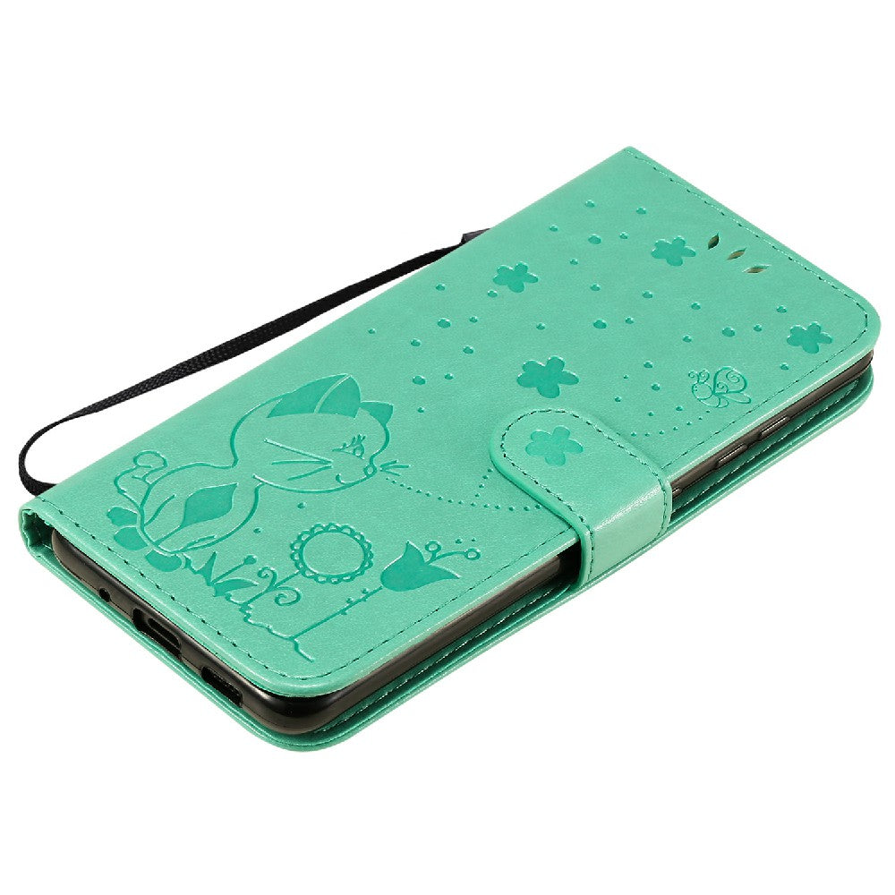 KT Imprinting Flower Series-4 Cat and Bee Pattern Imprinted Protective Cover with Stand Leather Wallet Case for Samsung Galaxy S20 4G/S20 5G - Green