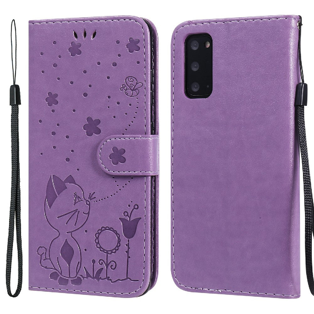 KT Imprinting Flower Series-4 Cat and Bee Pattern Imprinted Protective Cover with Stand Leather Wallet Case for Samsung Galaxy S20 4G/S20 5G - Purple