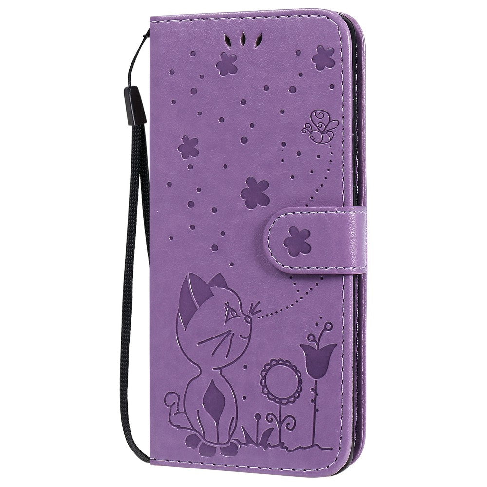 KT Imprinting Flower Series-4 Cat and Bee Pattern Imprinted Protective Cover with Stand Leather Wallet Case for Samsung Galaxy S20 4G/S20 5G - Purple