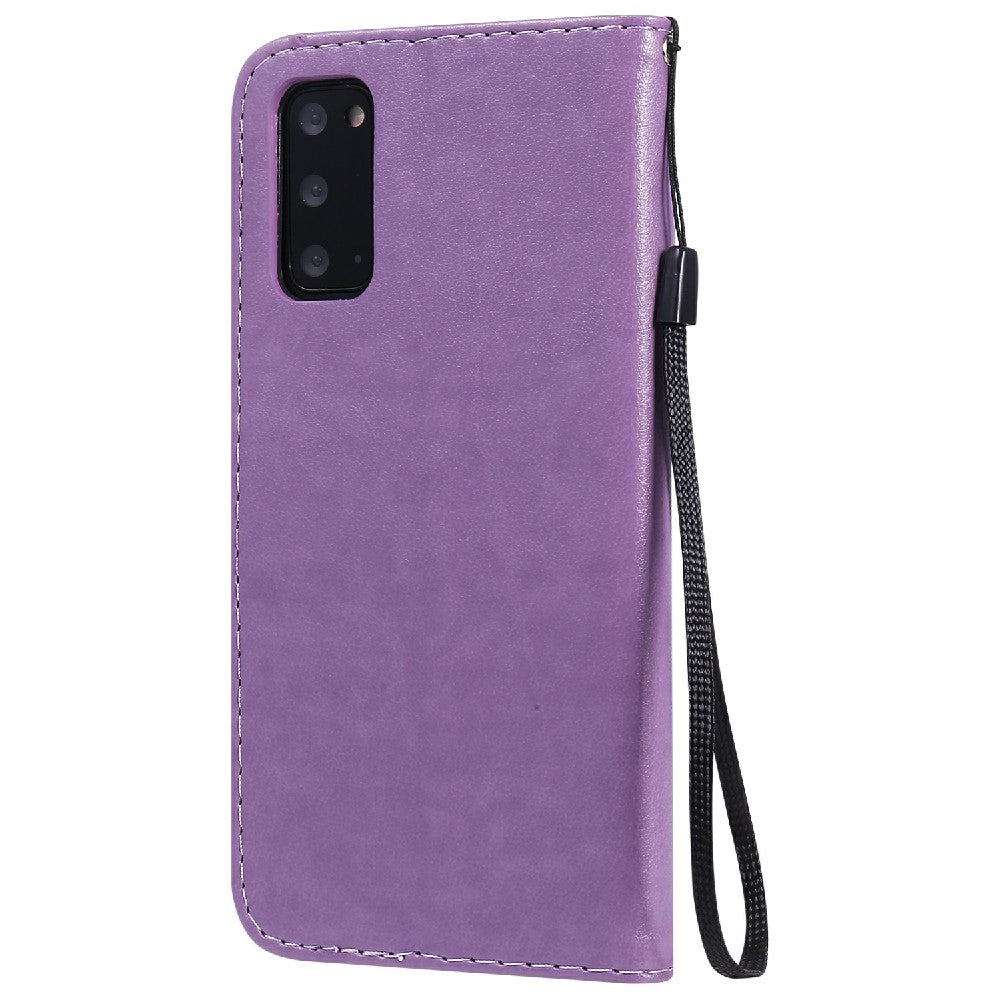 KT Imprinting Flower Series-4 Cat and Bee Pattern Imprinted Protective Cover with Stand Leather Wallet Case for Samsung Galaxy S20 4G/S20 5G - Purple