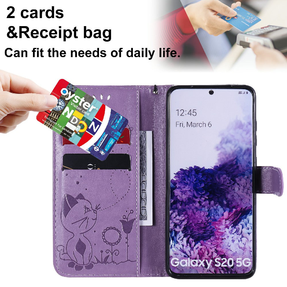 KT Imprinting Flower Series-4 Cat and Bee Pattern Imprinted Protective Cover with Stand Leather Wallet Case for Samsung Galaxy S20 4G/S20 5G - Purple