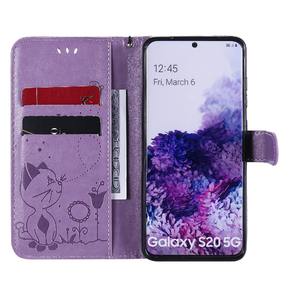 KT Imprinting Flower Series-4 Cat and Bee Pattern Imprinted Protective Cover with Stand Leather Wallet Case for Samsung Galaxy S20 4G/S20 5G - Purple