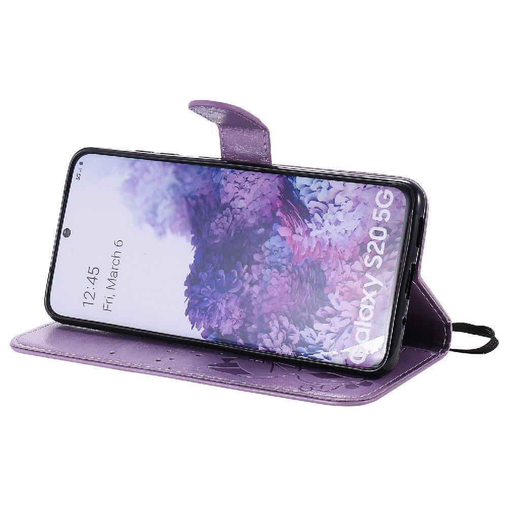 KT Imprinting Flower Series-4 Cat and Bee Pattern Imprinted Protective Cover with Stand Leather Wallet Case for Samsung Galaxy S20 4G/S20 5G - Purple