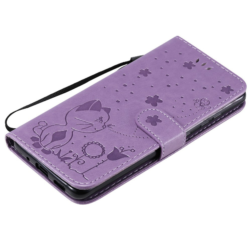 KT Imprinting Flower Series-4 Cat and Bee Pattern Imprinted Protective Cover with Stand Leather Wallet Case for Samsung Galaxy S20 4G/S20 5G - Purple