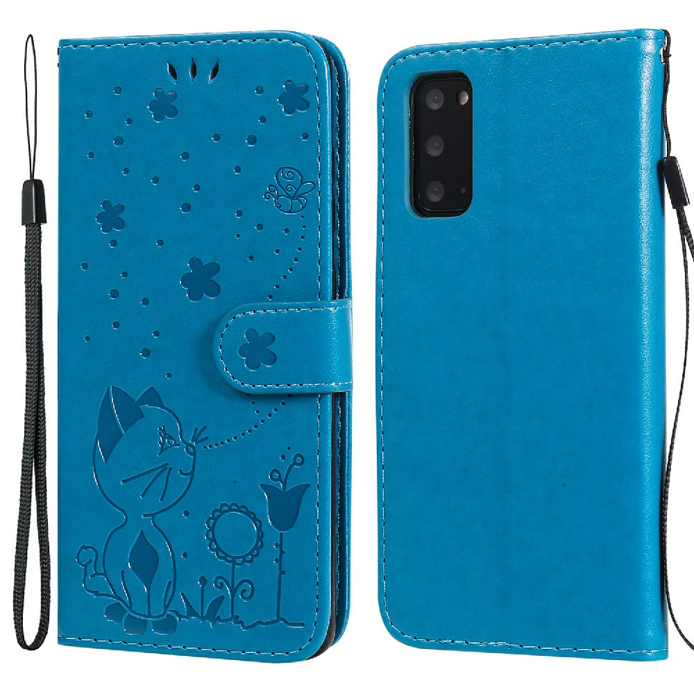 KT Imprinting Flower Series-4 Cat and Bee Pattern Imprinted Protective Cover with Stand Leather Wallet Case for Samsung Galaxy S20 4G/S20 5G - Blue