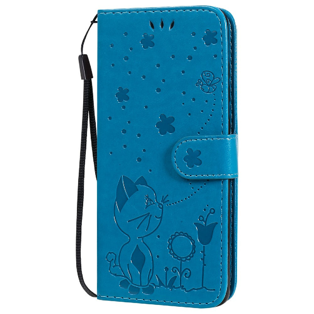 KT Imprinting Flower Series-4 Cat and Bee Pattern Imprinted Protective Cover with Stand Leather Wallet Case for Samsung Galaxy S20 4G/S20 5G - Blue