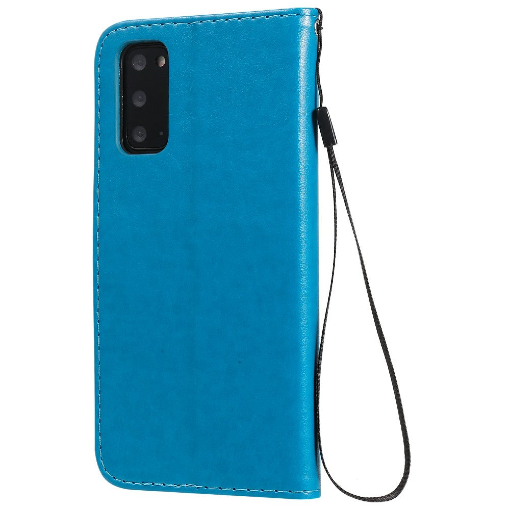 KT Imprinting Flower Series-4 Cat and Bee Pattern Imprinted Protective Cover with Stand Leather Wallet Case for Samsung Galaxy S20 4G/S20 5G - Blue