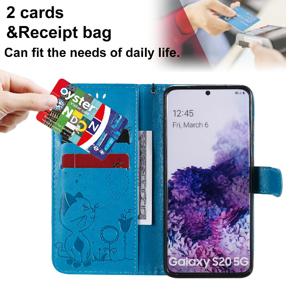 KT Imprinting Flower Series-4 Cat and Bee Pattern Imprinted Protective Cover with Stand Leather Wallet Case for Samsung Galaxy S20 4G/S20 5G - Blue