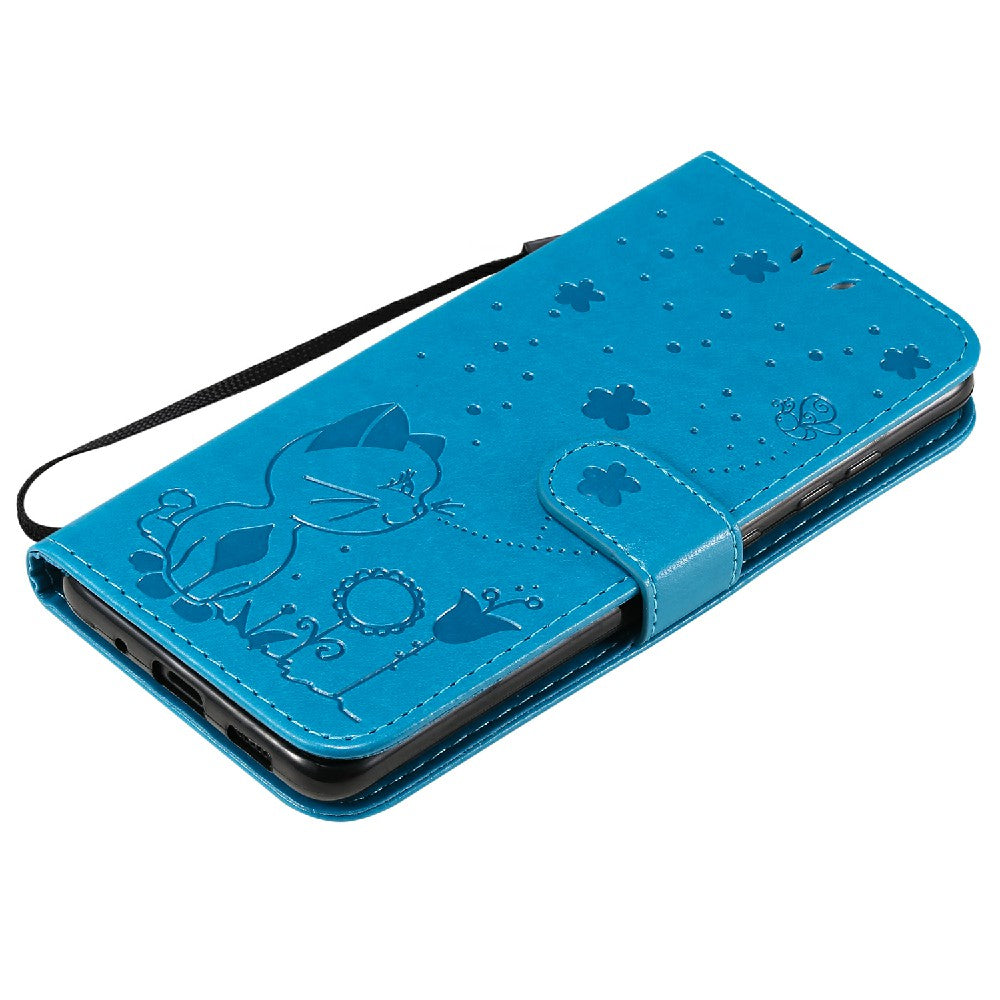 KT Imprinting Flower Series-4 Cat and Bee Pattern Imprinted Protective Cover with Stand Leather Wallet Case for Samsung Galaxy S20 4G/S20 5G - Blue