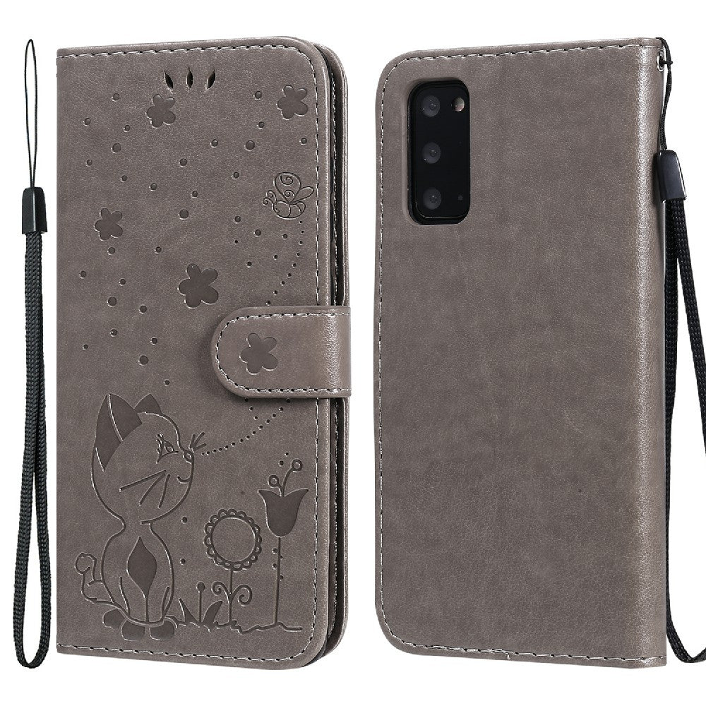 KT Imprinting Flower Series-4 Cat and Bee Pattern Imprinted Protective Cover with Stand Leather Wallet Case for Samsung Galaxy S20 4G/S20 5G - Grey